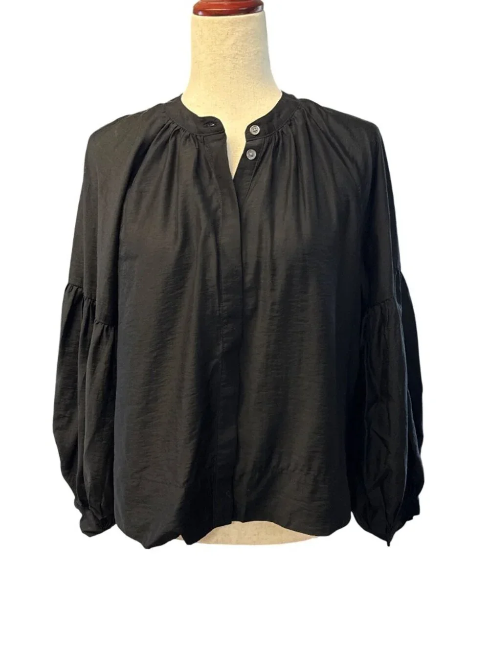 Madewell Womens Shirred Balloon-Sleeve Top~Size Small~Jet Black Blouse NWT L5 02